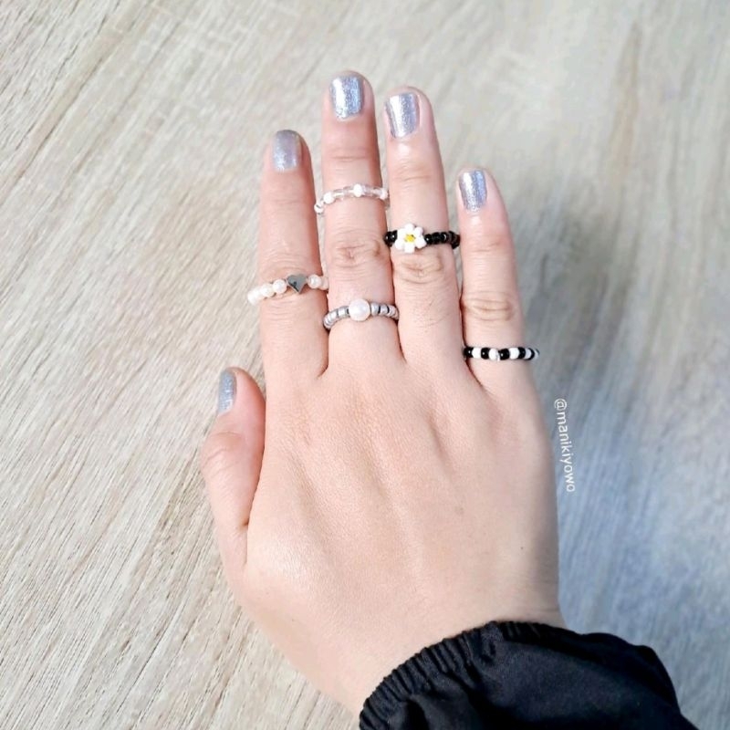 Cincin set 5 Pcs Black & White Series/ Cincin manik manik korea/Cincin manik hitam putih