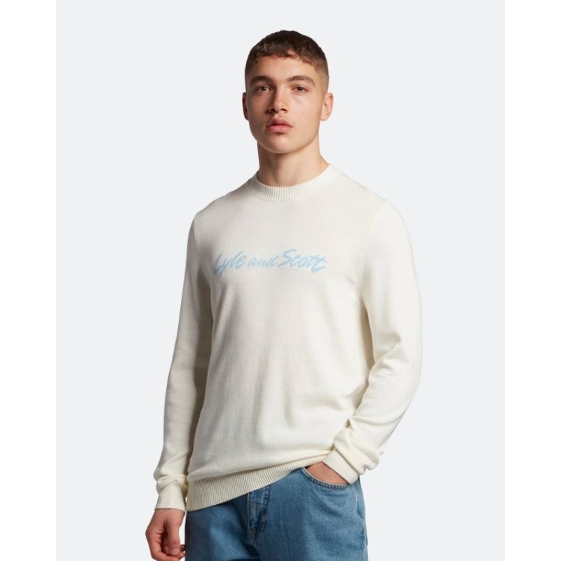 Lyle and Scott Logo Intersia Crewneck Jumper Vanilla Original