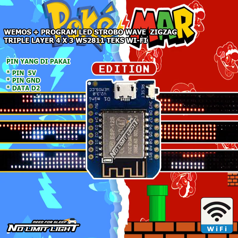 Chip Wemos Program Modul LED Strobo Wave Kaca Mobil Teks Wifi Triple Layer 3 X 4 Baris Ws2811 Versi 