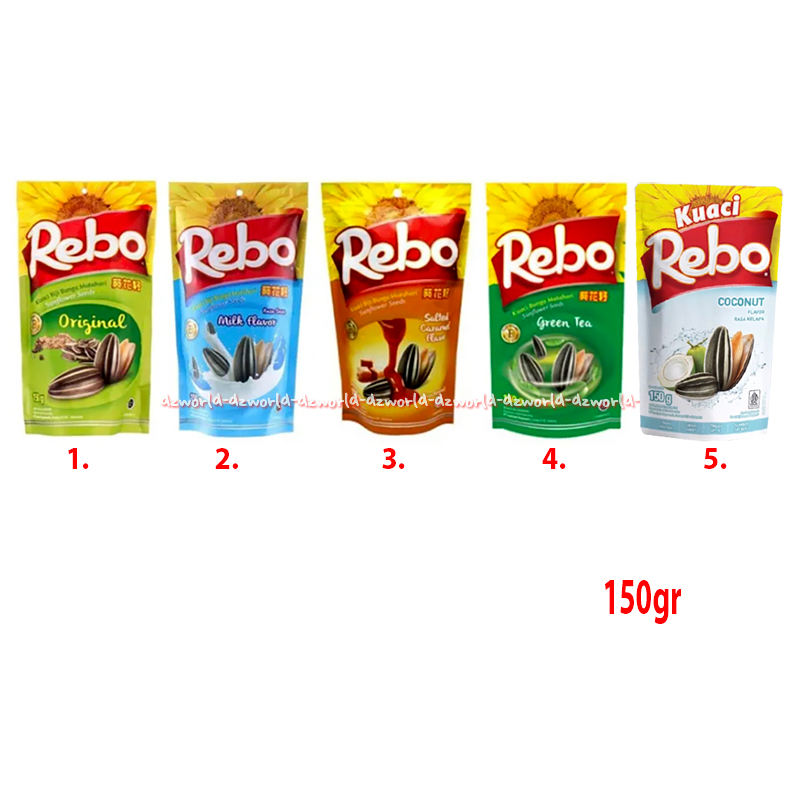 

Rebo Kuaci 150gr Original Milk Flavour Salted Flavour Green tea Coconut Kuaci Biji Bunga Matahari Aneka Rasa Susu Karamel Teh Hijau Karamel Reboo