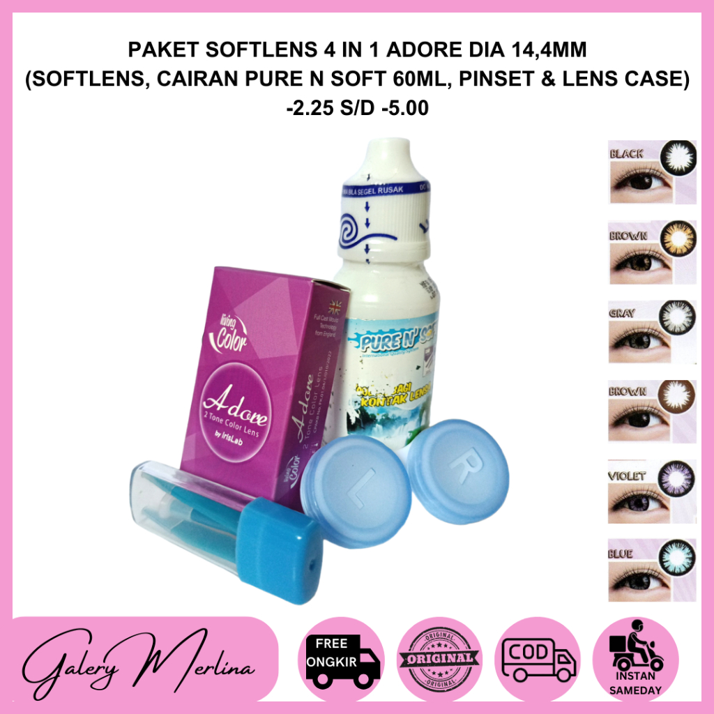 PAKET SOFTLENS 4IN1 ADORE 1 TONE  & 2 TONE DIA 14,4 mm NORMAL MINUS -2.25.S/D -5.00 / SOFTLEN + CAIR
