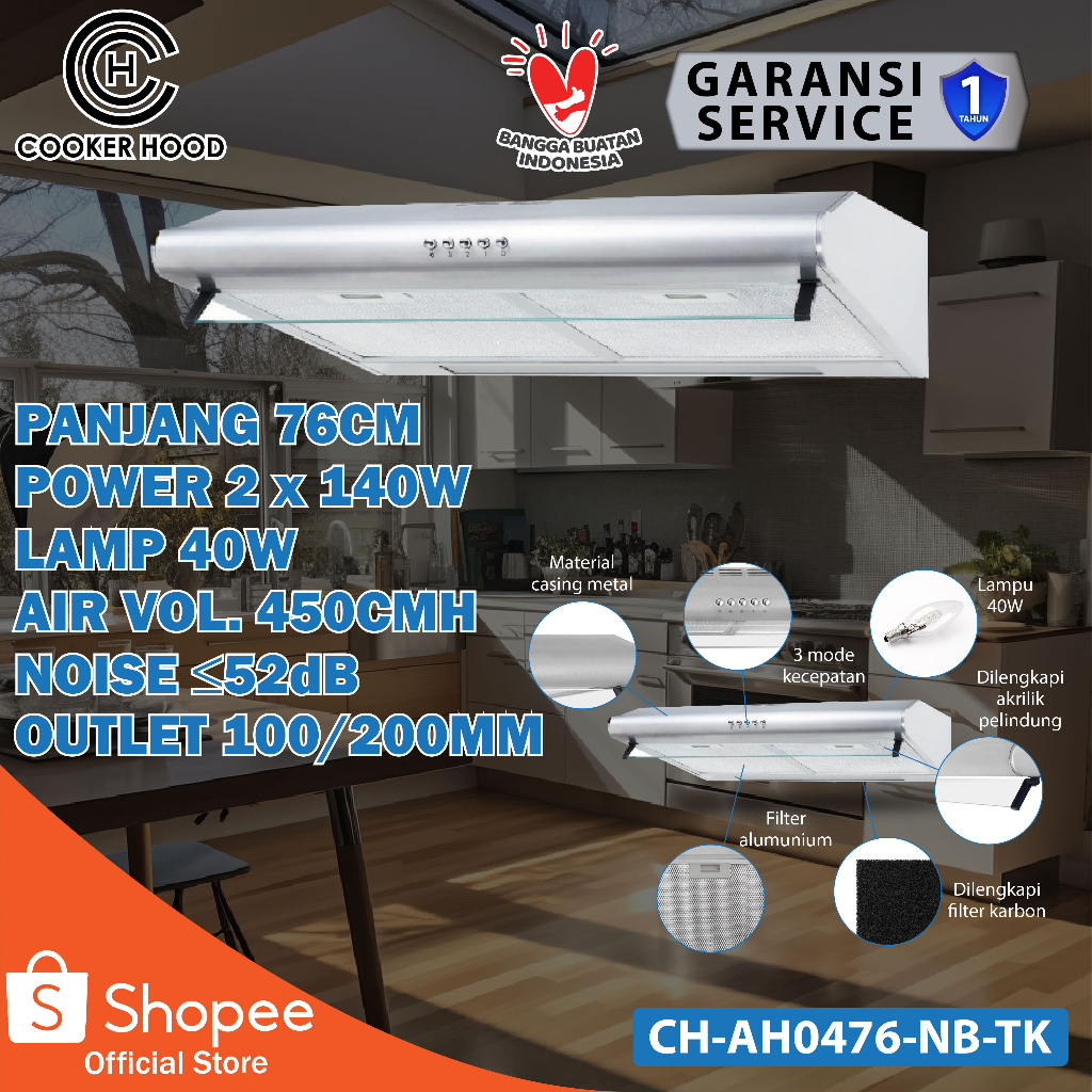 CH 76 Cm Kitchen Hood Exhaust Fan Penghisap Asap Dapur Penyedot Asap Dapur Pembersih Udara Dapur