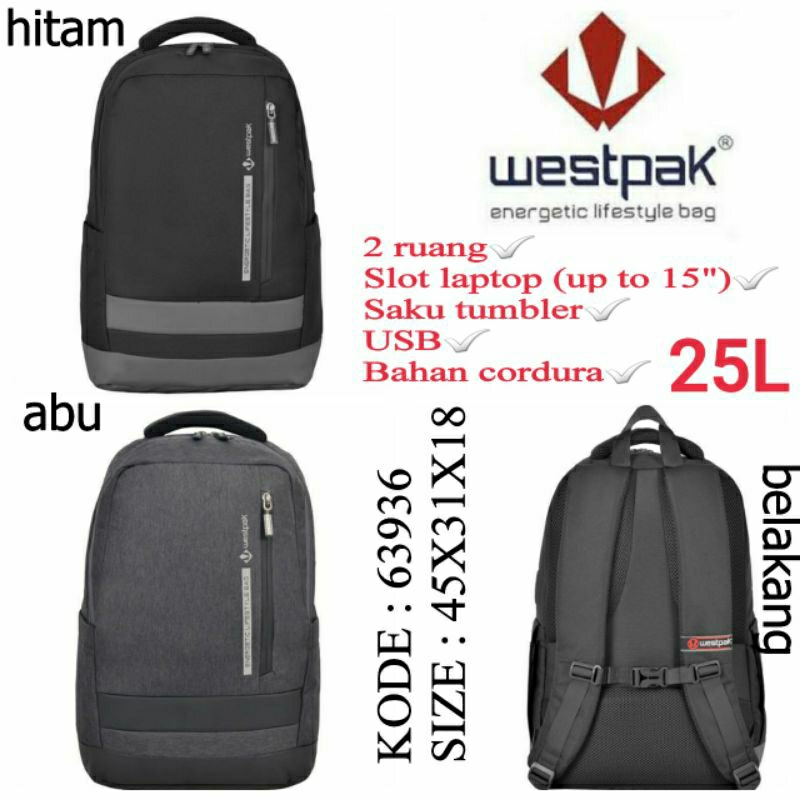 Tas Ransel Punggung Original Westpak 63936 Warna Hitam Abu