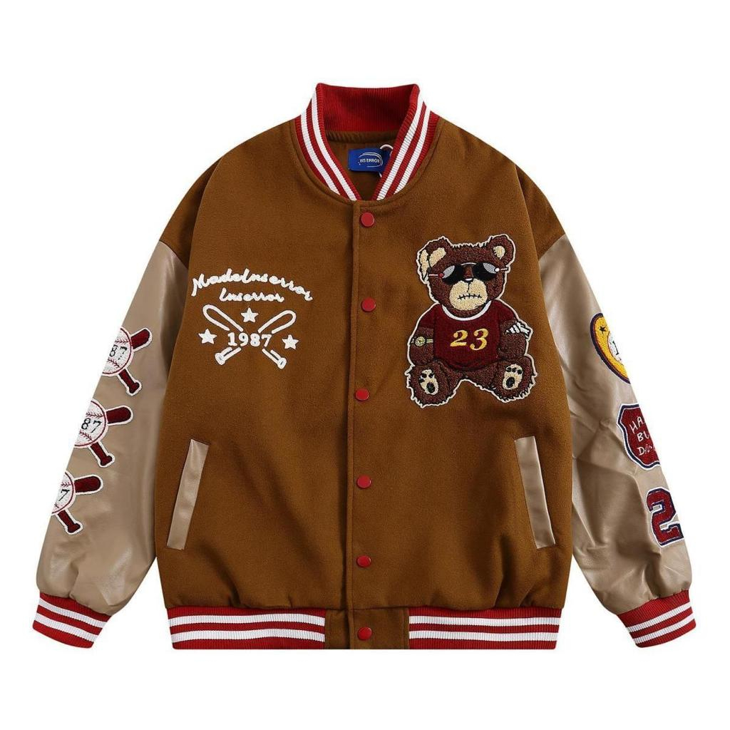 JAKET VARSITY WANITA OVERSIZE - BEAR EMBRIODERY BASEBALL JACKET - STREET KOREAN STYLE TERBARU