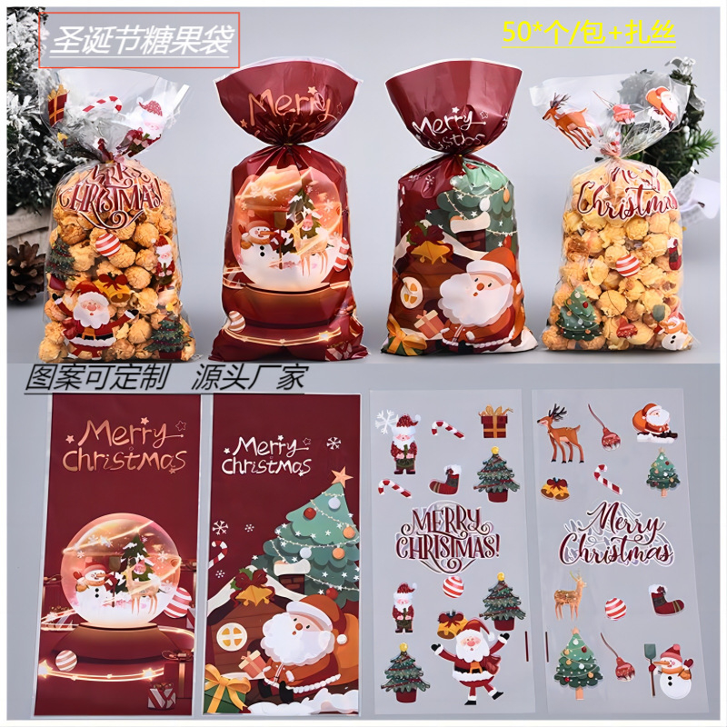 Plastik Cookies Ikat Permen Plastik Goodies Bag Natal Christmas 50pcs