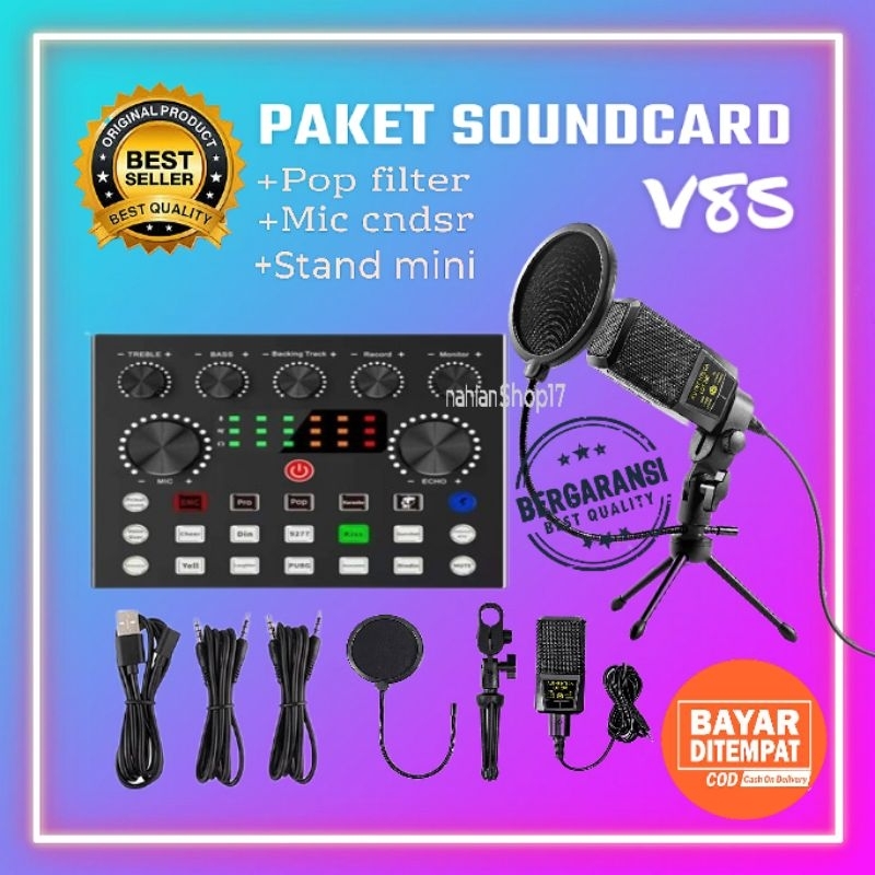 NHL SOUNDCARD V8S + MIC MICROPHONE CONDENSER PAKET LENGKAP FUL AUDIO USB MIXER  BLUETOOTH MIX FOR AU