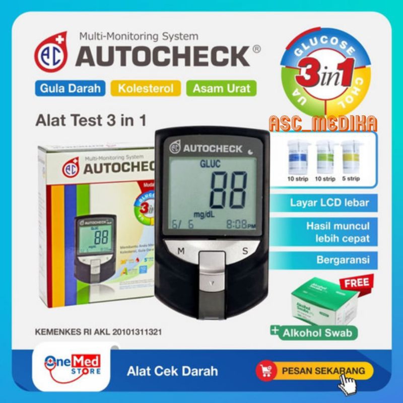 Autocheck 3in1 Alat Cek Gula Darah Asam Urat Kolesterol + FREE Alkohol Swab Onemed