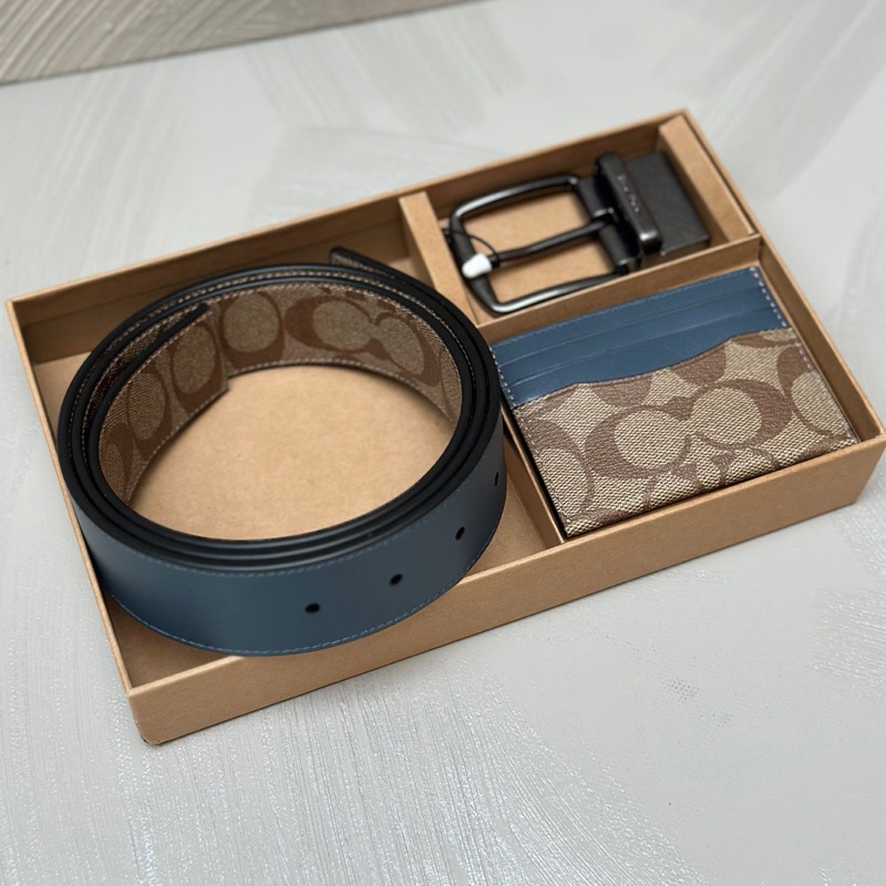 Original Coach C8278 Boxed Card Case & Wide Harn Belt Gift Set in Colorblock Signature Canvas