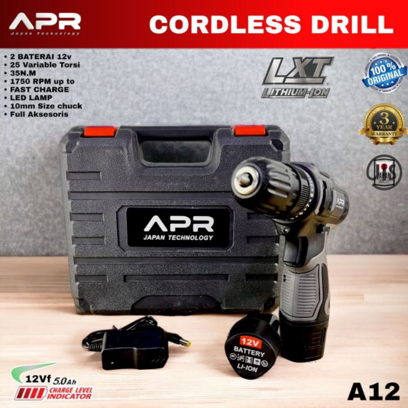 Bor cordless 12V APR JAPAN mesin bor baterai drill tembok besi kayu sekrup fullset