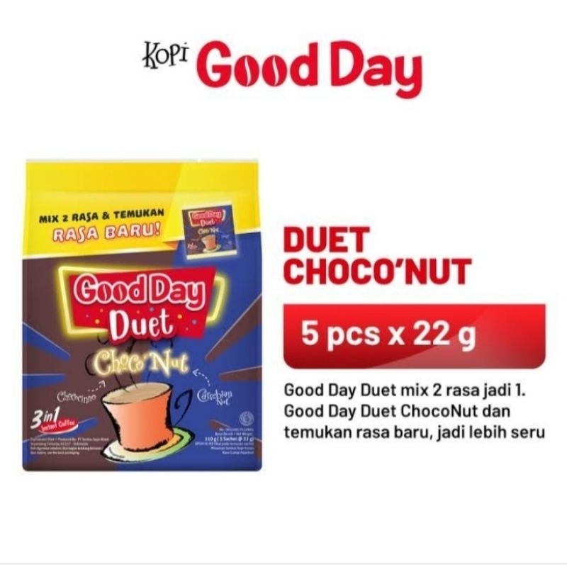 

Kopi Good Day Duet Choco'Nut isi 5 sachet × 22gram