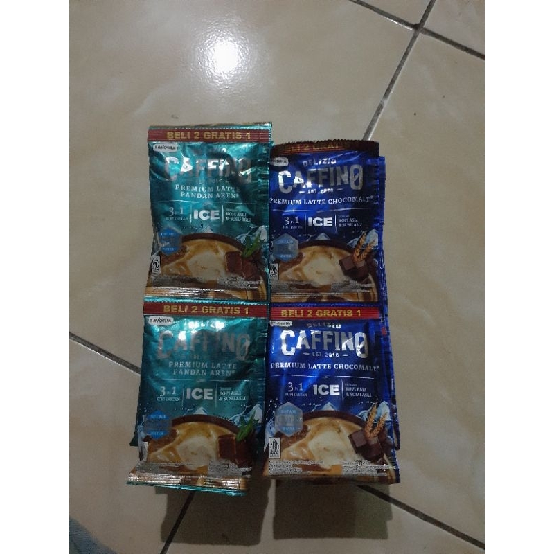 

caffino premium latte chocomalt dan caffino premium pandan 1rcg isi 10 pcs berat 27g