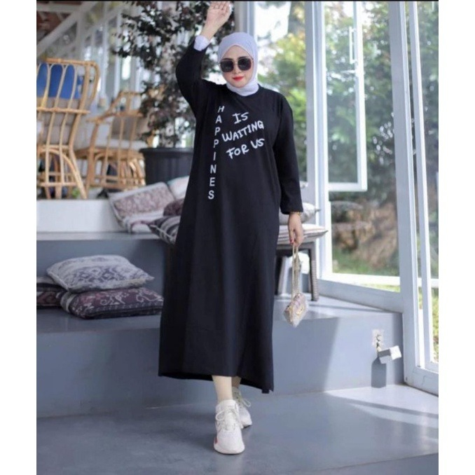 Gamis Terbaru HAPPINESS MIDI DRESS BO Bahan KAOS KATUN COMBED 24S Size S M L XL Dan XXL Baju Kaos Le