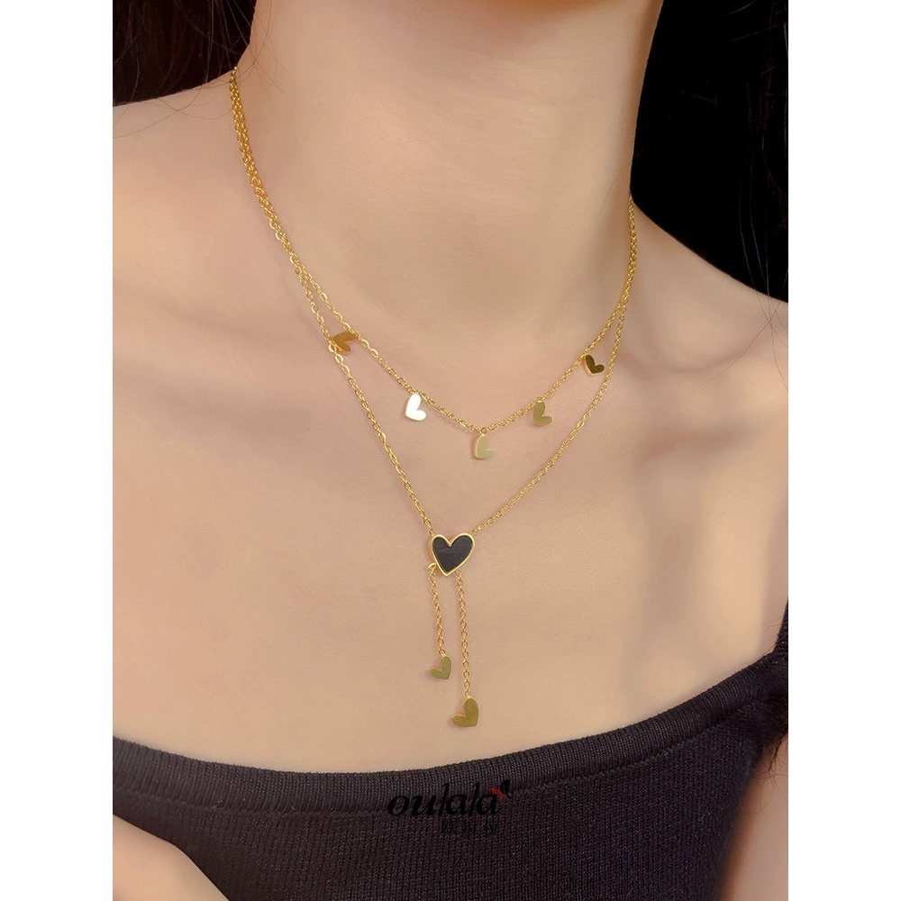 Meimai.Co Kalung Liontin Black and Gold Love -K3- Kalung Wanita Double Layers Hitam Emas