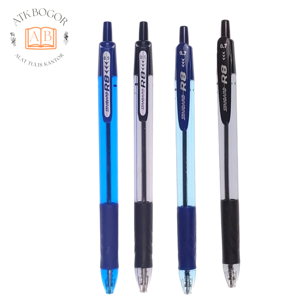 

Pulpen Cetek Semi Jel dengan Grip Karet Ukuran 0.5 / 0.7 Tinta Hitam / Biru Standard R8 Oil Gel Retracable Ballpoint Pen Rubber Grip - Isi 1 Pack / 12 Pcs