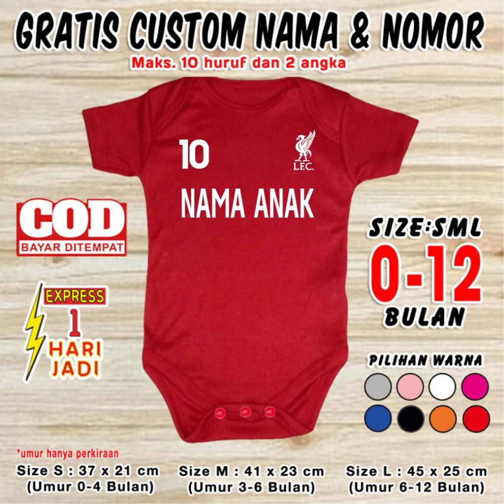 Baju Bola Bayi / Romper Bayi / Jumper Bayi Liverpool Merah GRATIS NAMA DEPAN