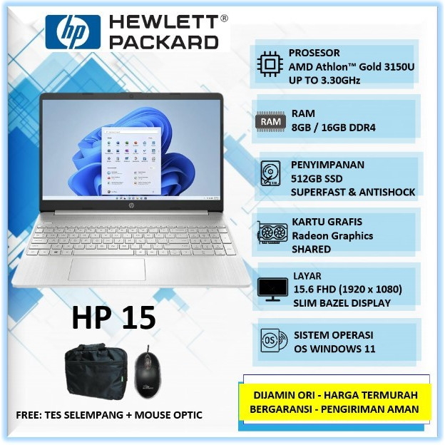 Laptop Sekolah HP 15 Amd Athlon Gold 3150U 16GB 512GB SSD 15" FHD Windows 11 Home