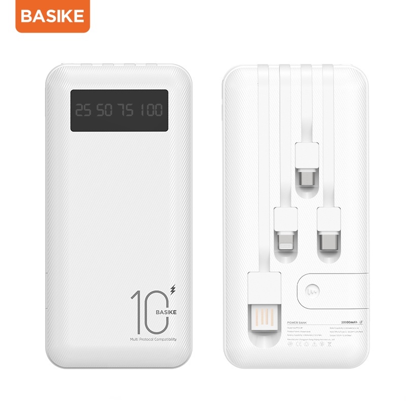 BASIKE Powerbank 10000 mAh Power Bank Fast Charging Murah Mini LCD with Kabel Data Type C Micro USB Lightning for iphone Samsung Oppo Vivo hp Realme Redmi infinix