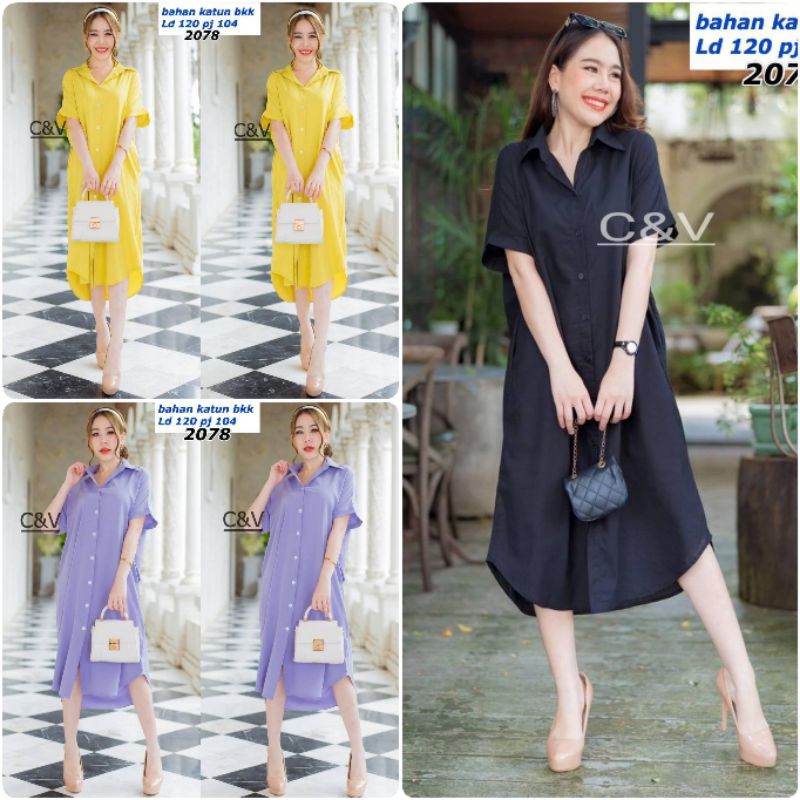 midi dres kemeja polos 2078 / atasan tunik import / kemeja bangkok