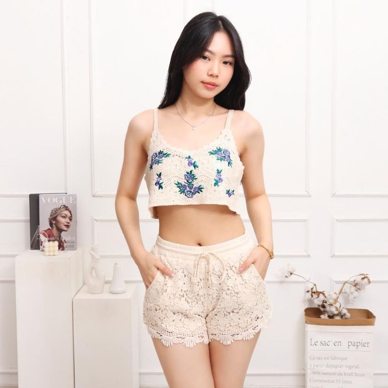A140 Set2PCS Setelan ONESET CALIE baju atasan tanktop crop set celana pendek short pants renda broka
