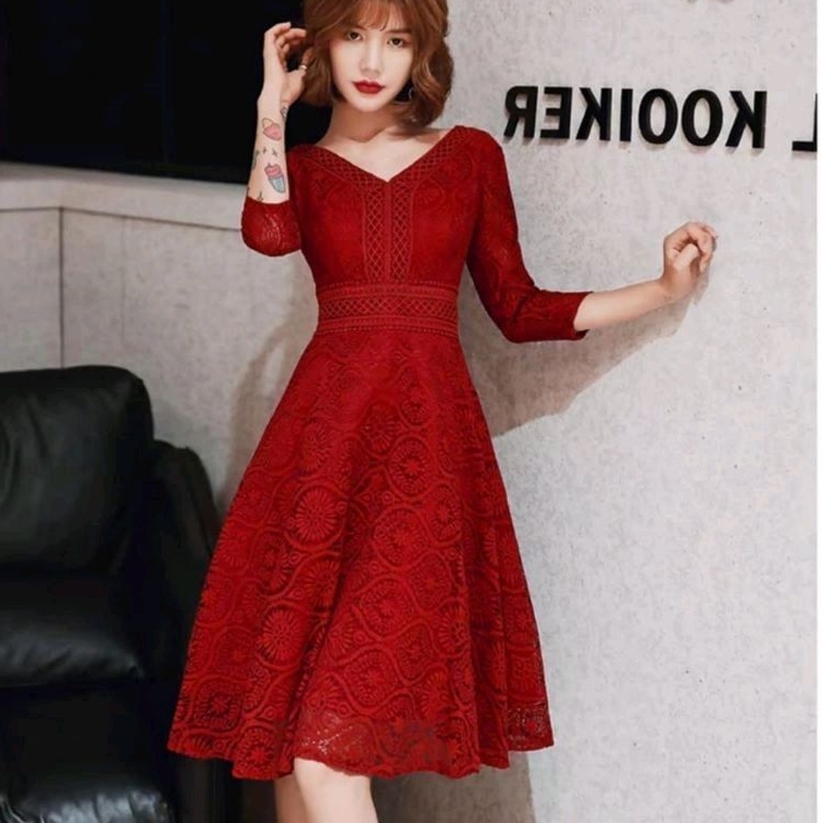0950 Baju minidress CNY LACE FLARE VNECK brokat brukat dres Korea Korean style wanita premium / baju