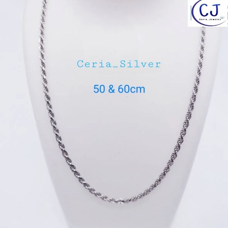 Kalung Perak Pria Wanita Silver Asli 925 Lapis Emas Putih Model Tambang 50 Dan 60 Cm - Kalung Pria Wanita Anti Karat