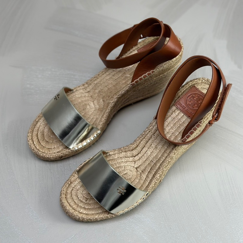 Original Tory Burch Bima 2 90mm Espadrille Platform Wedges Metallic Sandal