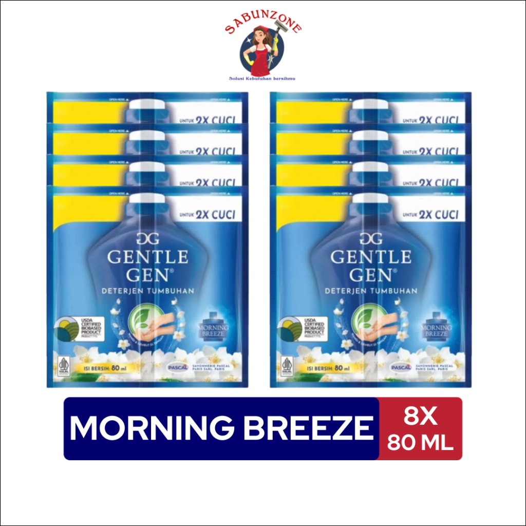 Paket Murah Deterjen Cair Gentle Gen Morning Breeze Biru Renceng Sachet 80 ml x8