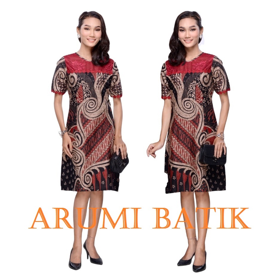 Dress Batik Wanita Seragam Kerja Brokat 3245 Maroon M - 5L XXXXL Jumbo
