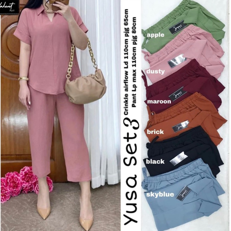 YUSA SET CRINKLE AIRFLOW LENGAN PENDEK TERBARU// SETELAN LENGAN PENDEK // ONE SET POLOS // SETCEL PO