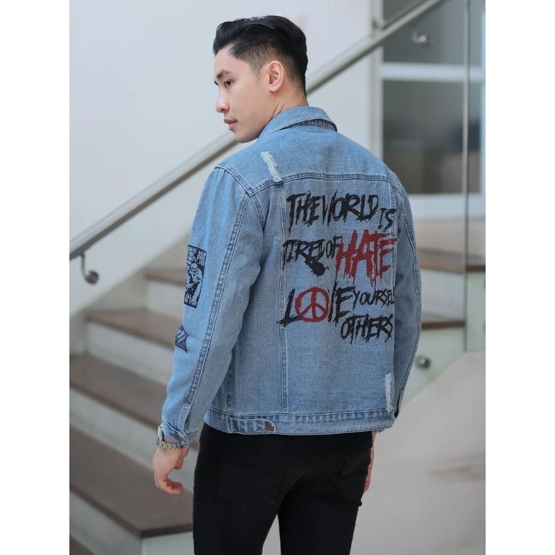 Jaket Jeans Pria Original 100% Terkini  lukis Custom Sobek Haechan Printing oversize Pria Wanita Cow