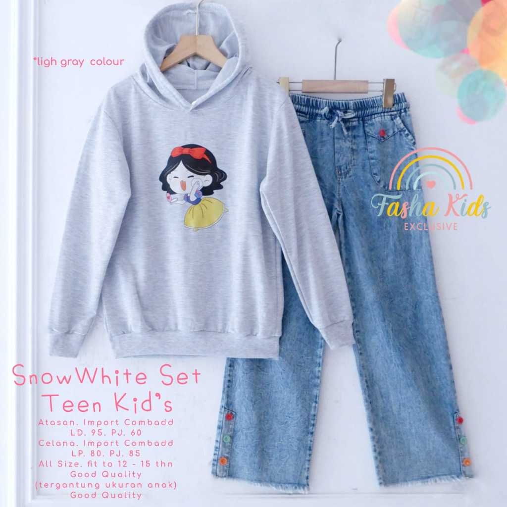 SNOW WHITE SET TEEN KIDS SETELAN BAJU REMAJA ANAK PEREMPUAN HOODIE DAN CELANA KULOT JEANS ONESET ANA