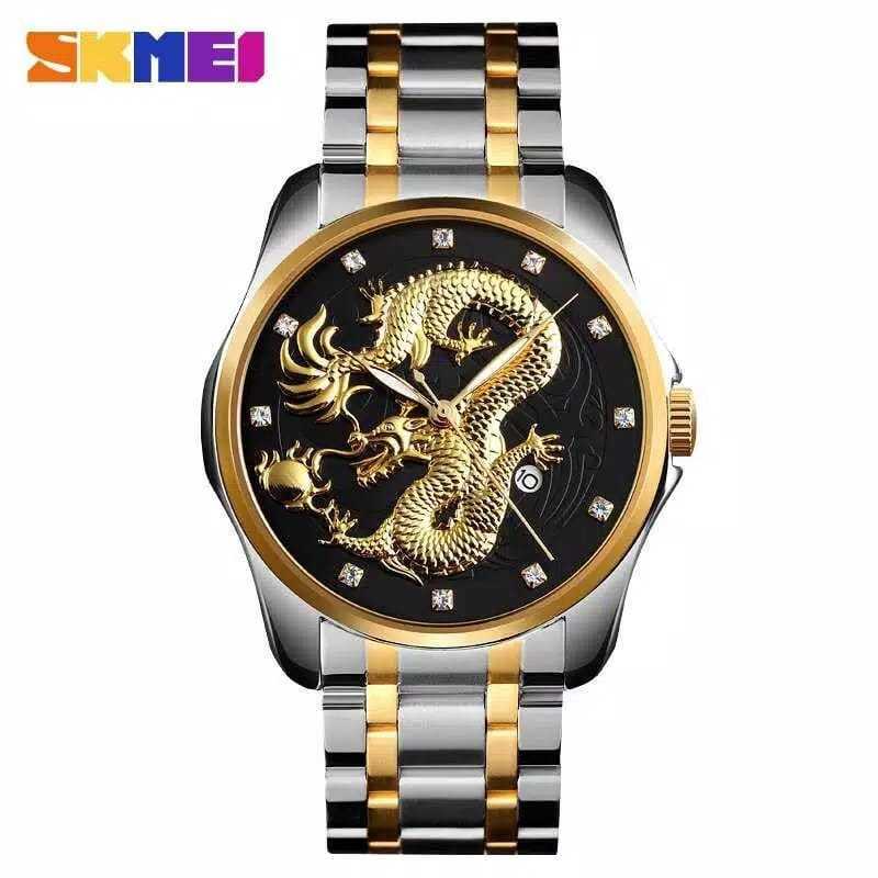 JAM TANGAN PRIA STAINLESS STEEL SKMEI MOTIF NAGA 9193 WATER RESISTANT