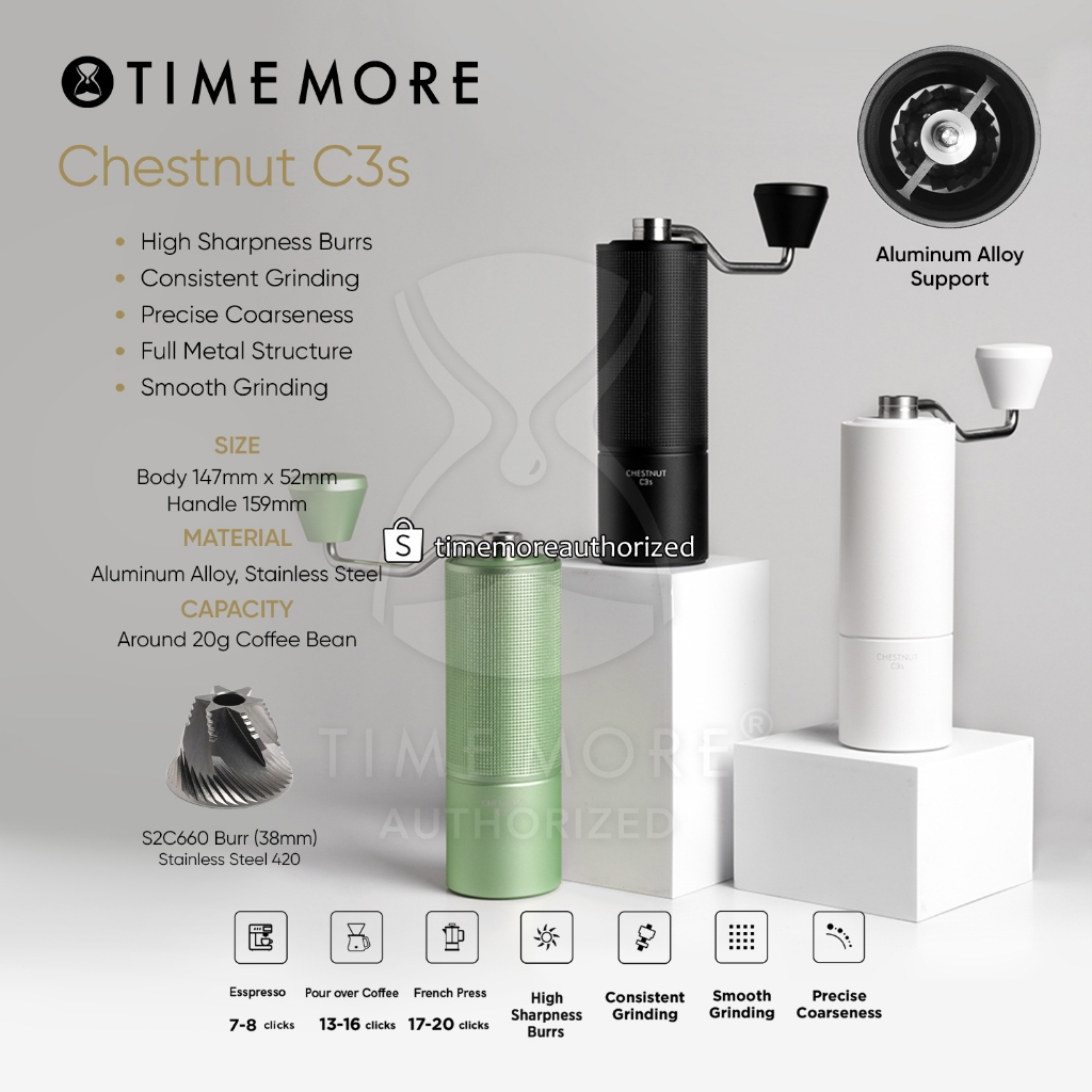 New Timemore Chestnut C3 C3s Hand Coffee Grinder with S2C Burr - Alat GIling Kopi Manual 100% Origin