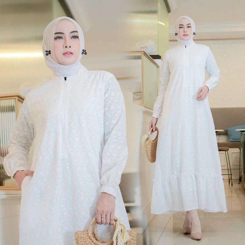 Gamis wanita/Gamis ikhram wanita putih Alena katun bordir premium//perlengkapan haji