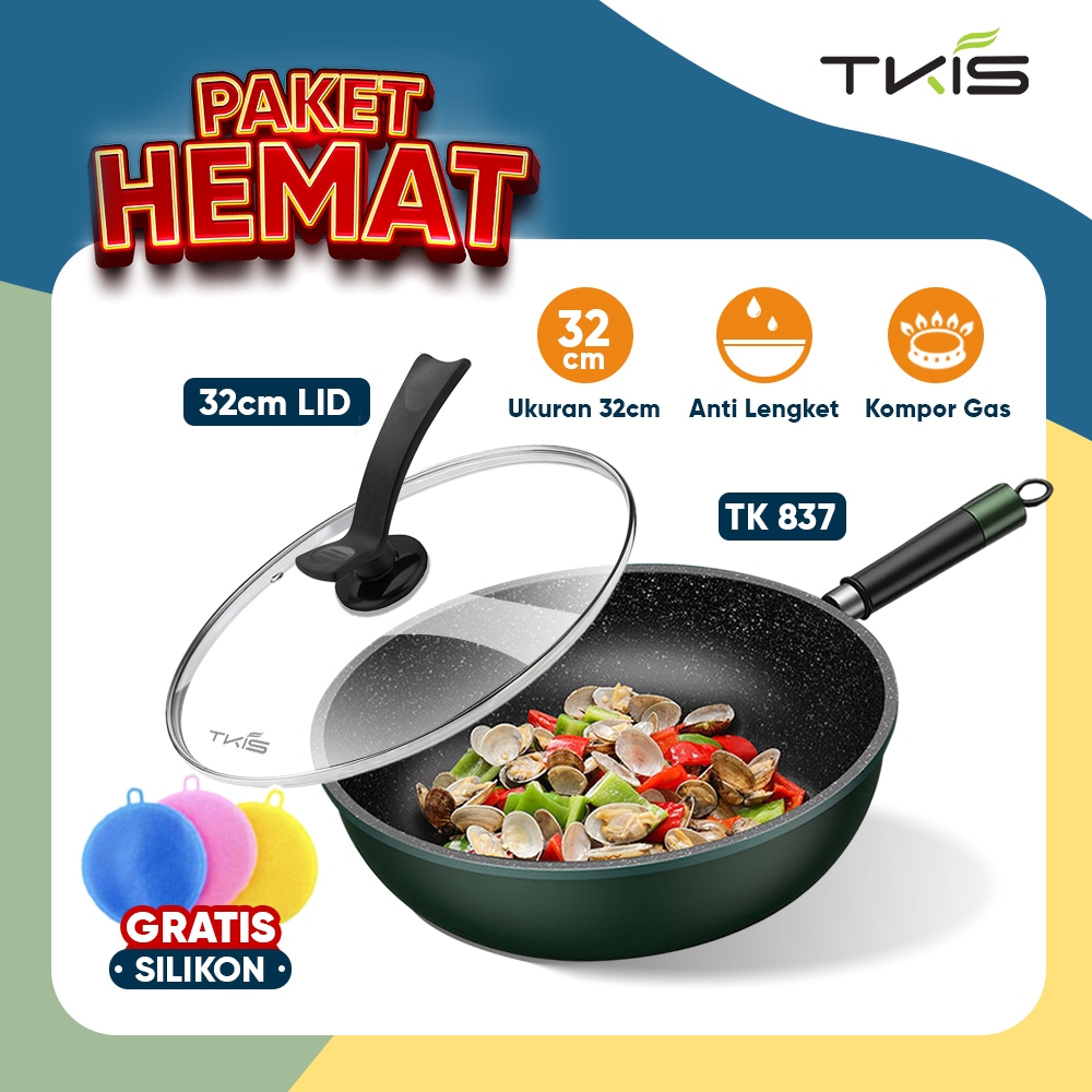 TKIS Paket Hemat Wajan dengan Tutup Kaca 32cm Panci Wok Pan Anti Lengket Batu Medis TK-837 + Tutup