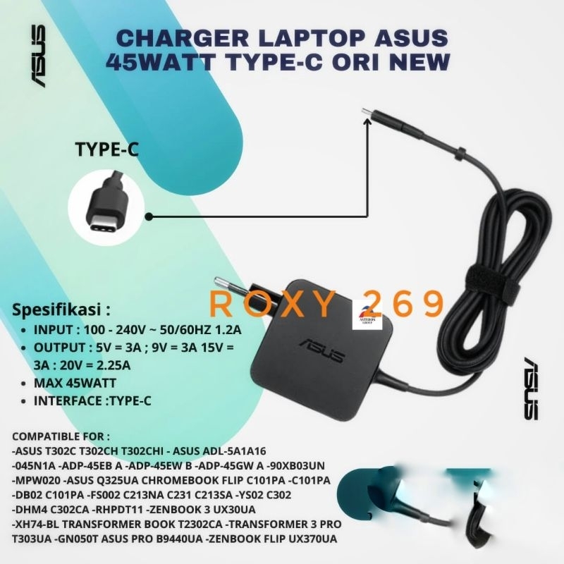 Charger Carger Laptop Asus 45 Watt Original Ori USB Type C - Tipe C Connector