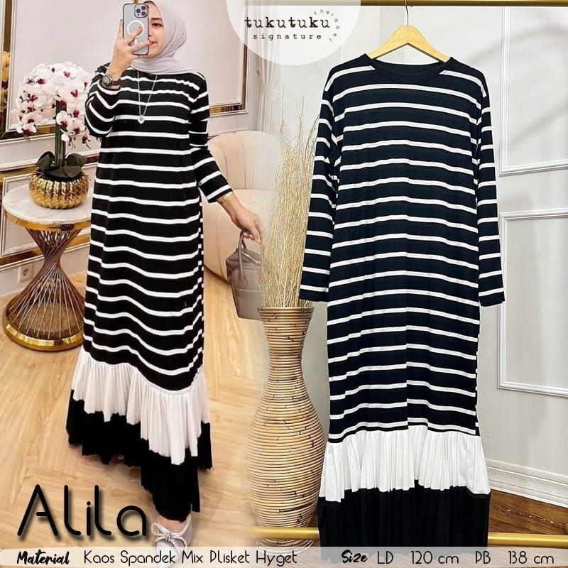 Alila Dress Maxy Gamis Kaos Spandek Motif Garis Salur Plisket Ld 120 Jumbo Fit XXXL By TukuTuku