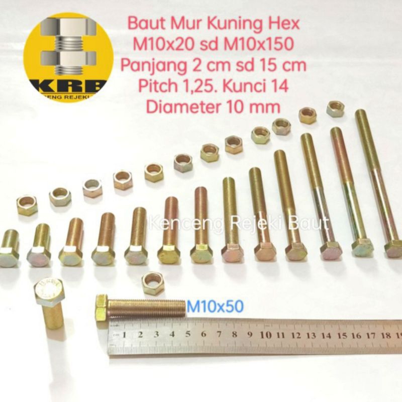 Baut Mur Kuning Hex M10x60, M10x70, M10x80, M10x100, M10x120, M10x125, M10x150. Kunci 14. Pitch 1,25.