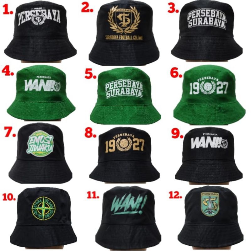 Topi Bucket Hat Persebaya Surabaya 1927 / Buket Hat Bonek Mania Dewasa Warna Hitam Hijau Sablon Kere