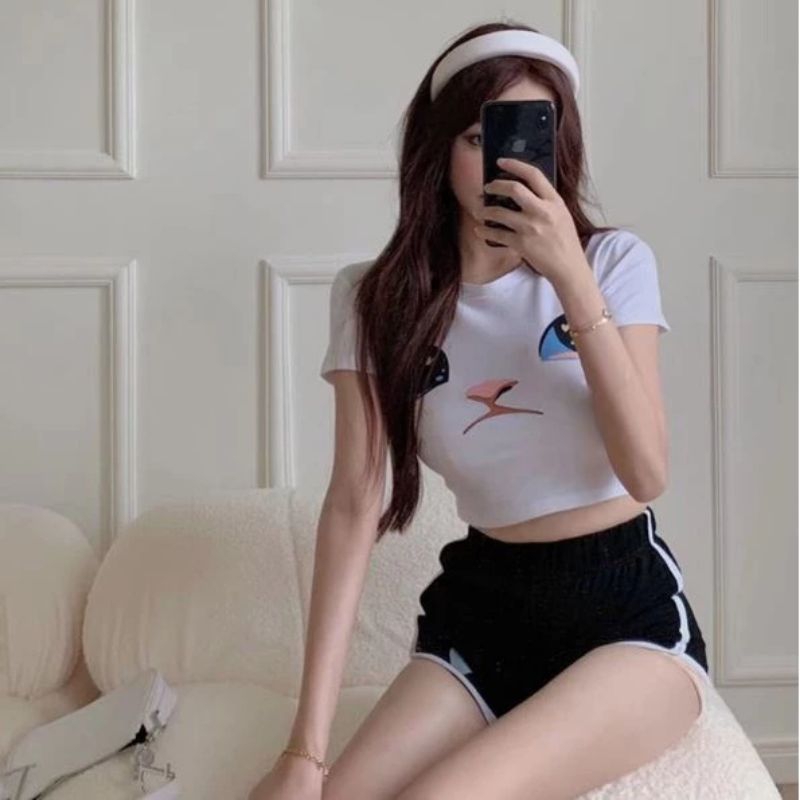 Kaos Wanita Crop Lengan Pendek/Crop Top T-shirt Leher Bulat Kaos Sexy