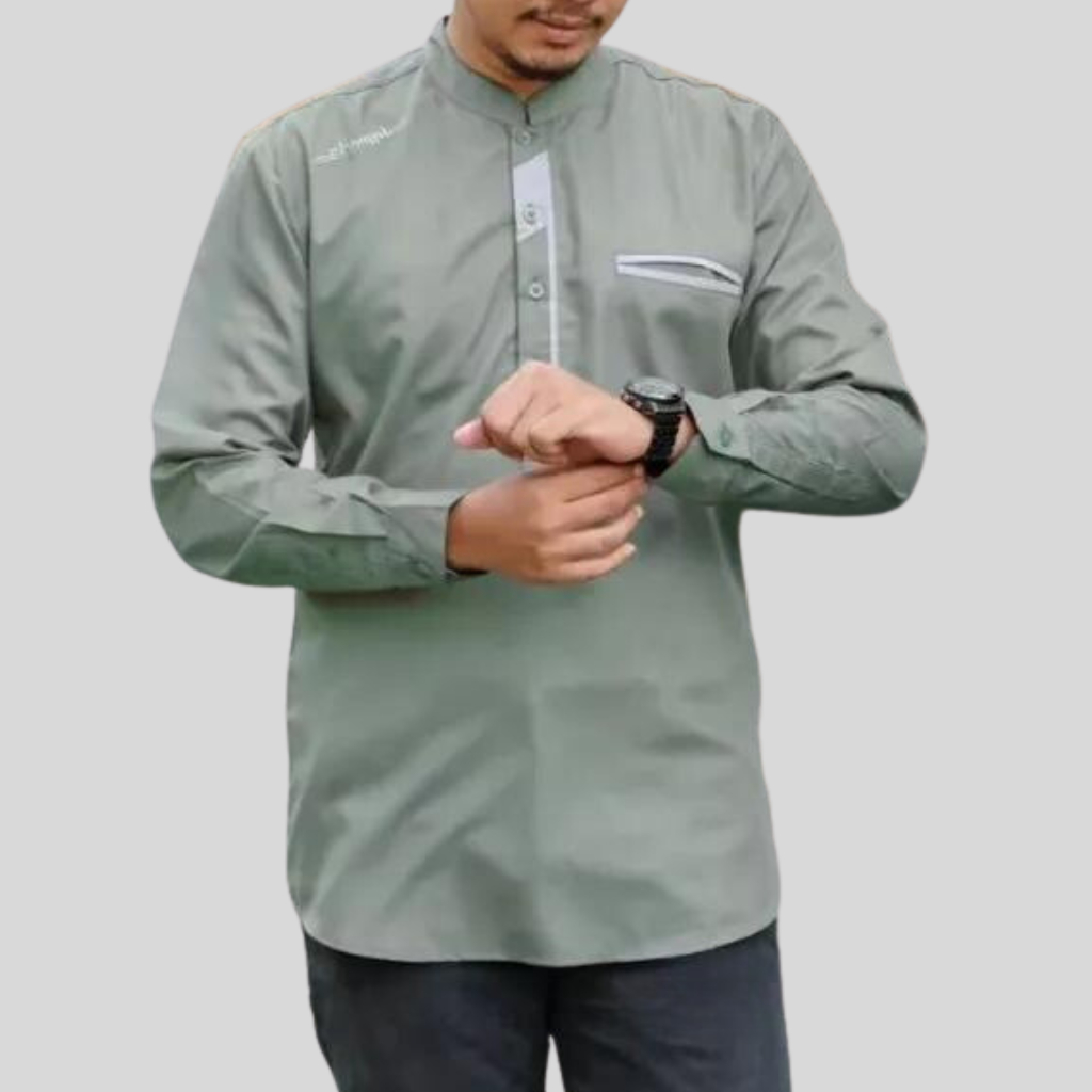Baju Koko Pria Lengan Panjang Warna Sage Green Motif Abizhar Elrumi