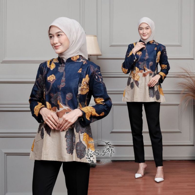 Batik Wanita Modern Motif Mawar Resleting Lengan Panjang