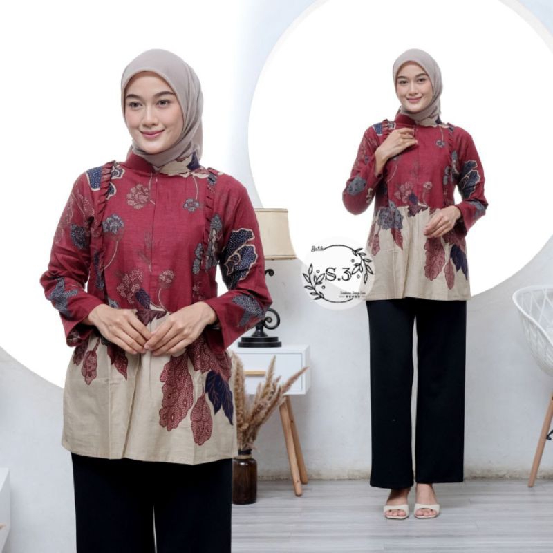 Batik Wanita Modern Motif Mawar Resleting Lengan Panjang