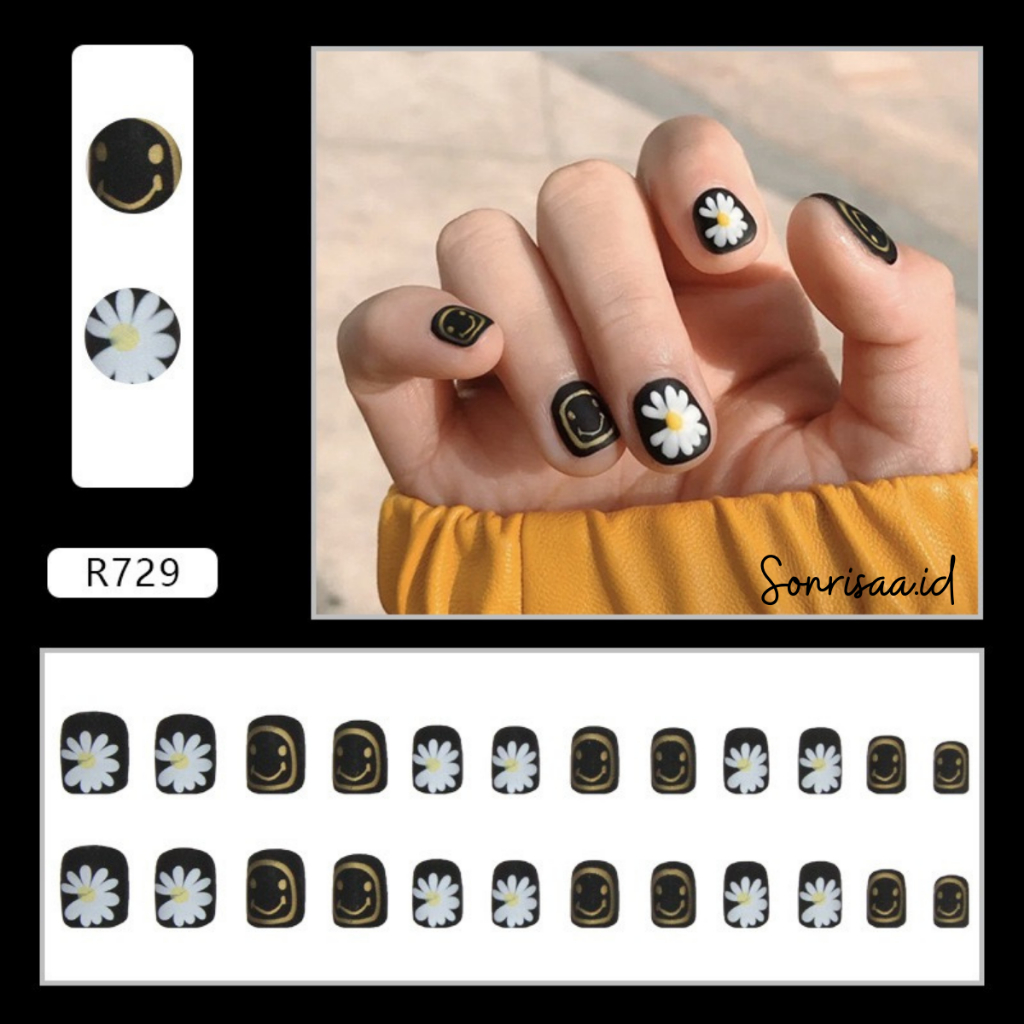 Kuku Palsu Motif Daisy Emoticon Hitam 24pcs (R729) / Nail Art / Fake Nails / Kuku Palsu Pendek