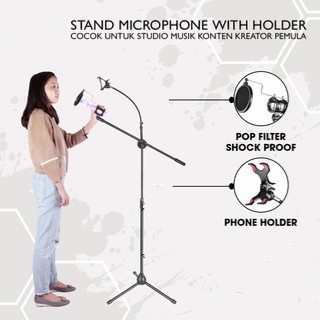 STAND MICROPHONE WITH HOLDER COCOK UNTUK STUDIO MUSIK KONTEN PEMULA TRIPOD MICROPHONE STAND MIC PANJ
