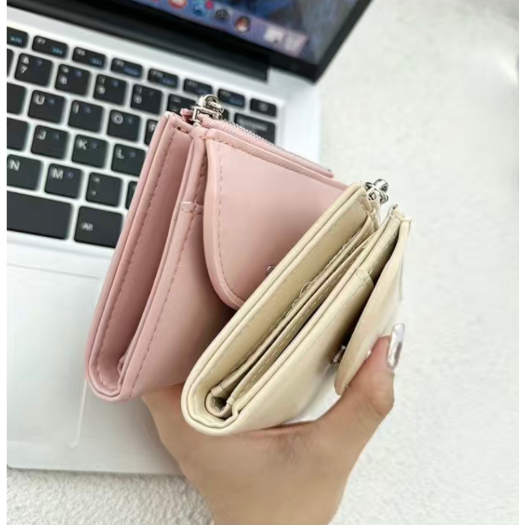 Dompet Lipat Dompet Koin Wanita Baru Gaya Korea Tempat Kartu Sederhana Warna Solid Pelajar Tas Lipstik Multifungsi Dompet Kapasitas Besar