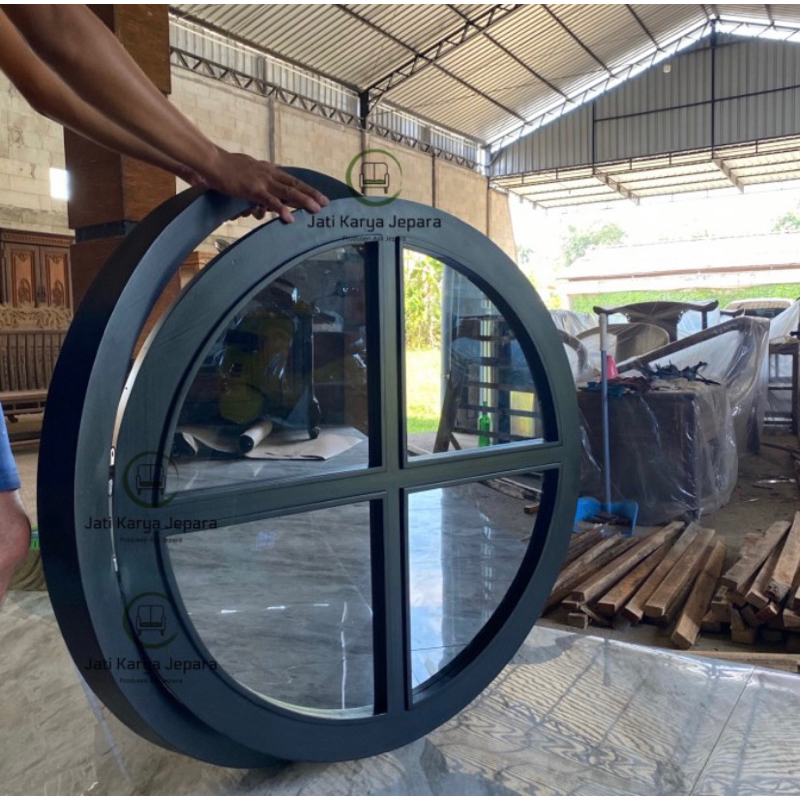 Kusen Jendela Bundar 100cm 7x5cm Kayu Jati Solid buka Pintu 1 Propan PU Free Ongkir Jawa & Bali ( Be