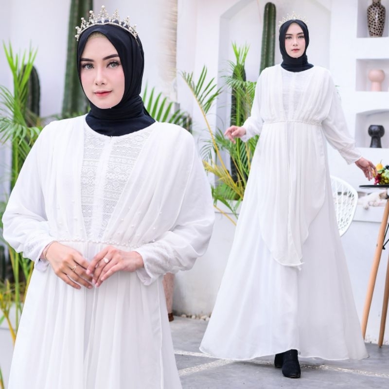Gamis Pesta Putih Laura|Gamis Putih|Gamis Pesta Putih|Gamis Putih Umroh|Gamis Seragam|Gamis Brukat P