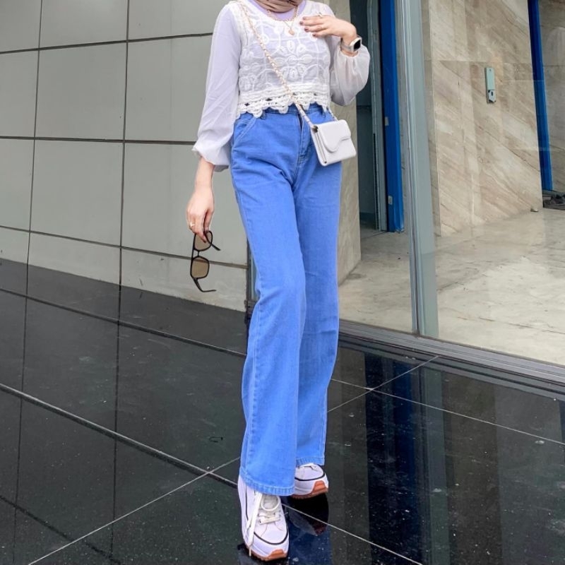 CELANA HIGHWAIST KULOT JEANS SOBEK LUTUT LOOSE - CELANA WANITA SOBEK