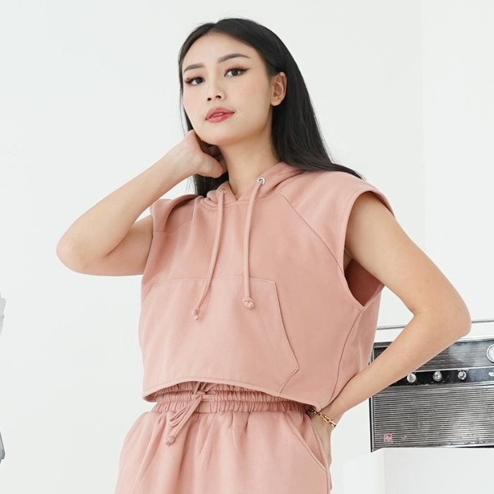 Moxie Casual Jacket Hoodie Top Fleece Outer Sleeveless - Atasan Baju Wanita Outter Croptop Tanpa Len
